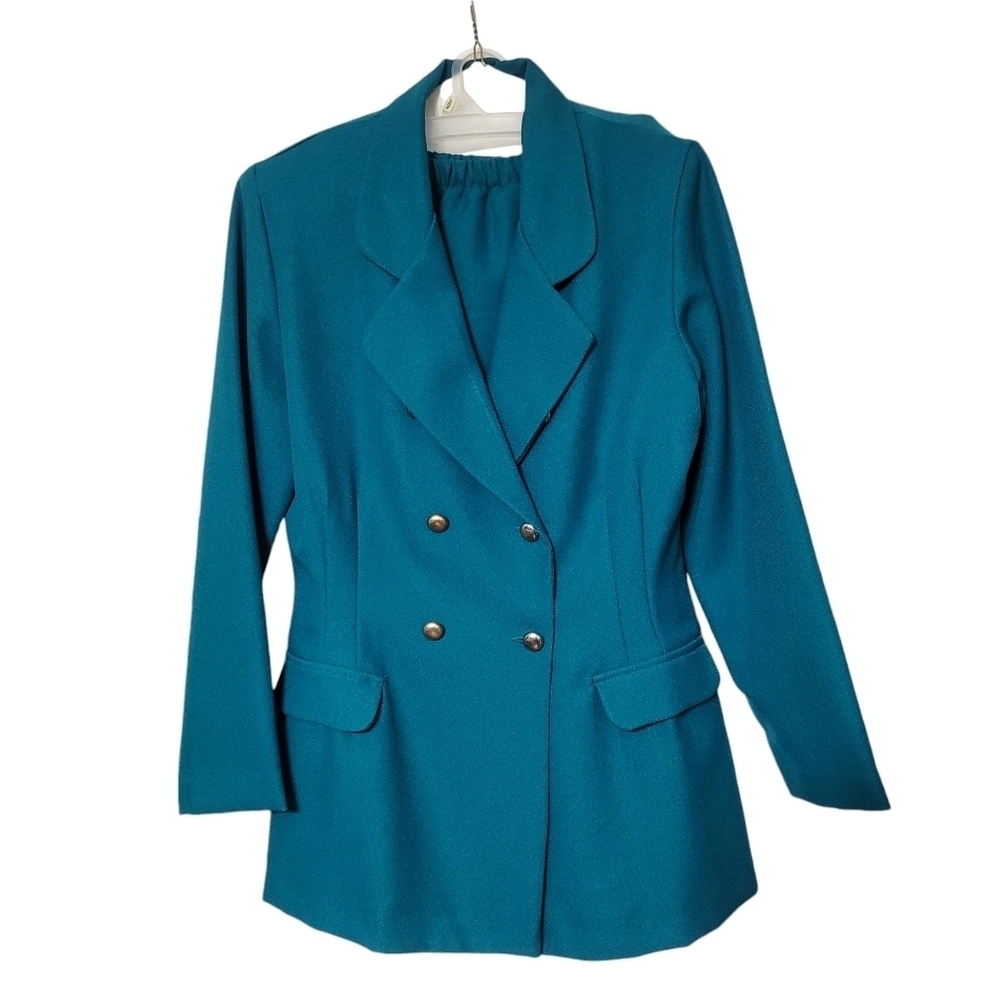 Jennifer James 2pc Green Double Breasted Blazer Suit Pull On Skirt Set Size‎ 12